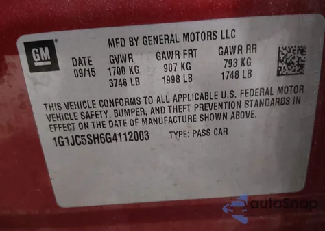 2016 Chevrolet Sonic Lt Auto z USA, uszkodzony, nr VIN 1G1JC5SH6G4112003